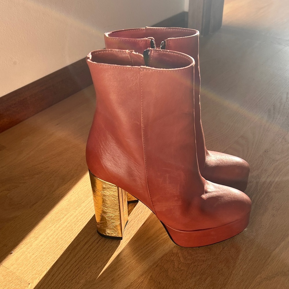 Women's Tan Leather Platform Ankle Boots with Gold Block Heel